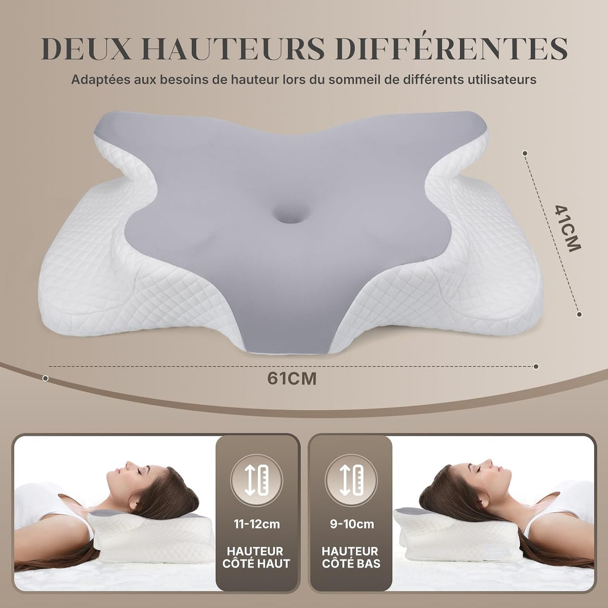 Oreiller Ergonomique Cervical,Oreiller Memoire Forme Papillon Rafraîchissant,Convient dormeurs côté, Dos, Ventre, Housse Amovible Lavable en Machine, Gris Moyen