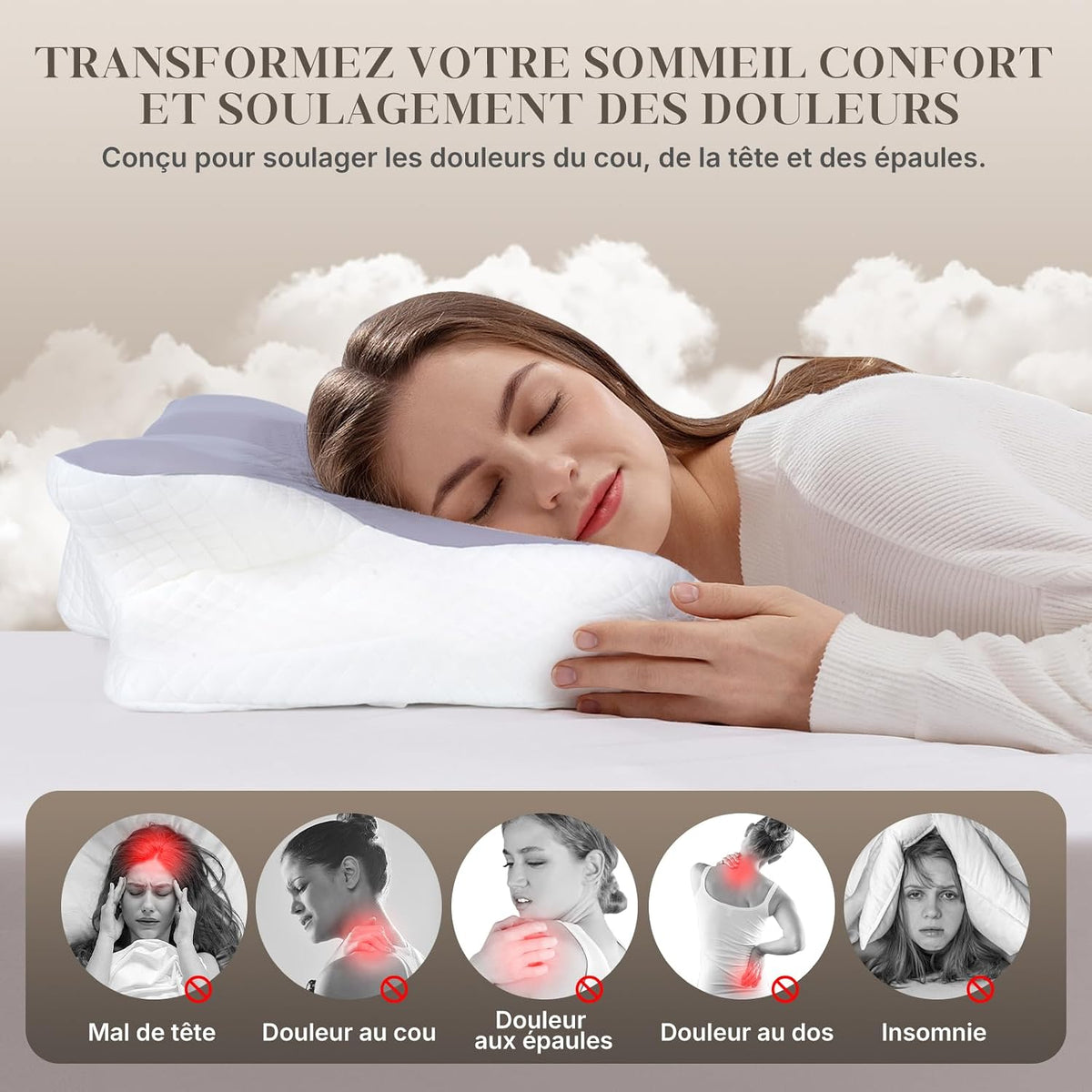 Oreiller Ergonomique Cervical,Oreiller Memoire Forme Papillon Rafraîchissant,Convient dormeurs côté, Dos, Ventre, Housse Amovible Lavable en Machine, Gris Moyen