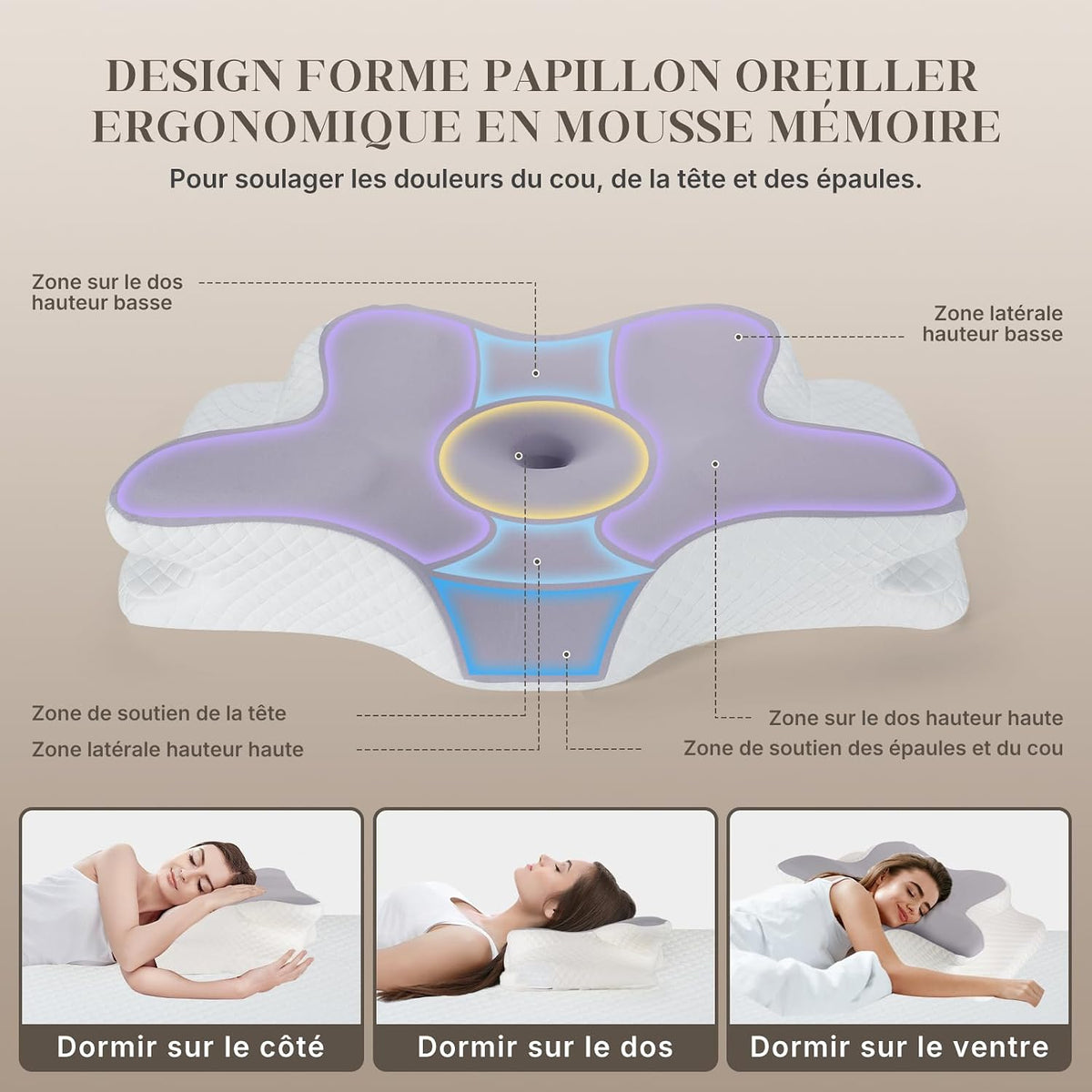 Oreiller Ergonomique Cervical,Oreiller Memoire Forme Papillon Rafraîchissant,Convient dormeurs côté, Dos, Ventre, Housse Amovible Lavable en Machine, Gris Moyen