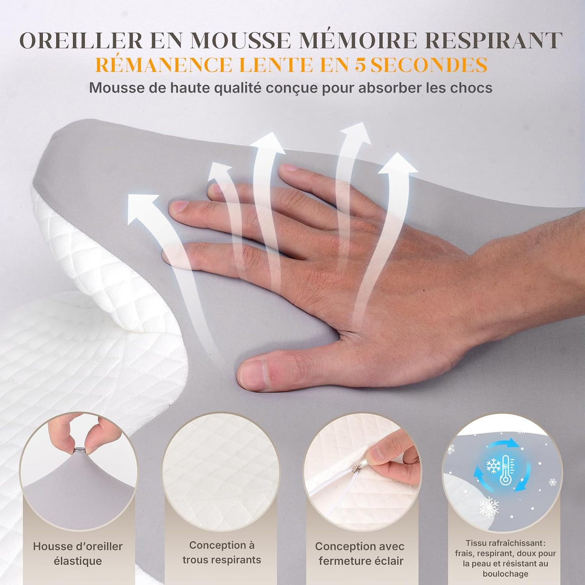 Oreiller Ergonomique Cervical,Oreiller Memoire Forme Papillon Rafraîchissant,Convient dormeurs côté, Dos, Ventre, Housse Amovible Lavable en Machine, Gris Moyen