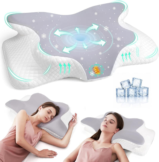 Oreiller Ergonomique Cervical,Oreiller Memoire Forme Papillon Rafraîchissant,Convient dormeurs côté, Dos, Ventre, Housse Amovible Lavable en Machine, Gris Moyen