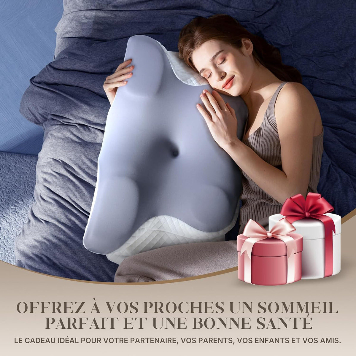 Oreiller Ergonomique Cervical,Oreiller Memoire Forme Papillon Rafraîchissant,Convient dormeurs côté, Dos, Ventre, Housse Amovible Lavable en Machine, Gris Moyen